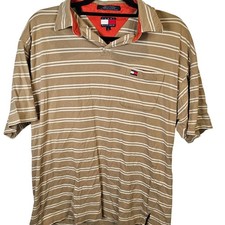 Vintage 90's Tommy Hilfiger Striped Polo Shirt Brown Tan Logo Size Large Y2K