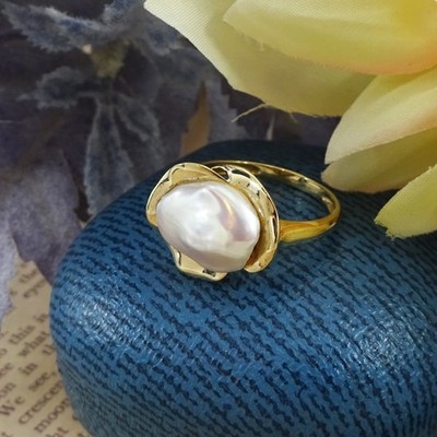 Barock-Perlenring 9 kt Gold, UK-Größe P, abstrakte Welleneinfassung