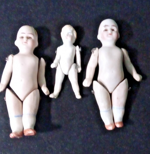 Three Antique Vintage - Small  jointed German China Bisque Dolls early 1900s