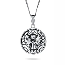Round Medallion Disc Guardian Angel Pendant Necklace in Sterling Silver