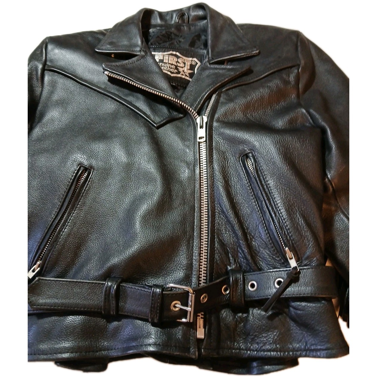 First Genuine Leather Motorcycle Jacket With Fringes And Zippers Belt size small image 2