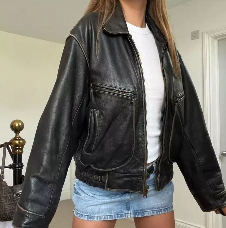 90s Women Genuine Leather Bomber Jacket Oversize Black Brown Vintage Coat UK image 3