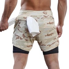 Men's 2-in-1 Running Workout Shorts Gym Training Athletic Short Pants with To...