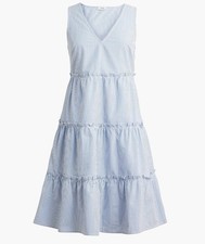 J. Crew Seersucker Ruffle Tiered Mini Dress Blue White Striped 6 Coastal Prairie