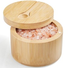 OUTNILI Salt Box Bowl with Lid and Spoon - Bamboo Salt Cellar with 360 Swi