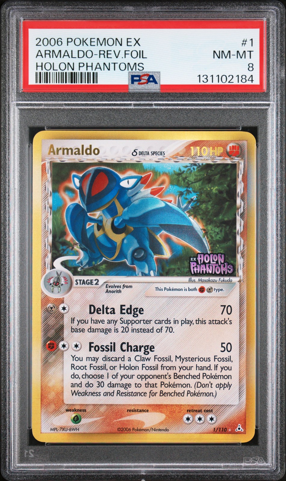 2006 POKEMON EX HOLON PHANTOMS #1 ARMALDO-REVERSE FOIL PSA 8