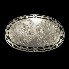 Western Silver Tone Oval Belt Buckle Engraved Paisley Floral Scroll Filigree