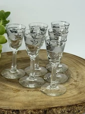 Libbey Silver Foliage Leaf Frosted Set Of 6 Cordial Liqueur Glasses 4 1/4” VTG