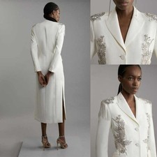 Women White Beaded Suit Jacket Long Coat Single Breasted Peak Lapel Wedding