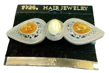 1928 Hair Jewelry Large, Teardrop Filigree Silver-tone Barrette With 3 Gemstones