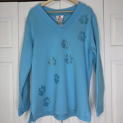 Quacker Factory Women's Paw Print Blue Sweatshirt Large V-neck Long Sleeve AOP