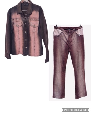 Laco Que Faco Maroon/Pink Rhinestone Stretch Denim Jacket & Jeans Made In Brazil