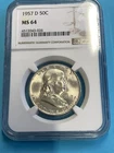 1957 D NGC MS64 FRANKLIN HALF GEM UNCIRCULATED SILVER