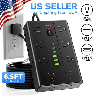 Wall Mountable Surge Protector Power Strip +4/6USB Ports 3/8/16 Outlet Plug Flat