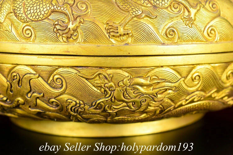Joyero redondo de nueve dragones dorado oro 24K bronce púrpura chino antiguo de 8"  Foto 4 de 4