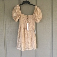 NSR Women Julia Mini Dress Size S Smocked Lace Puff Sleeve Preppy Color Sand