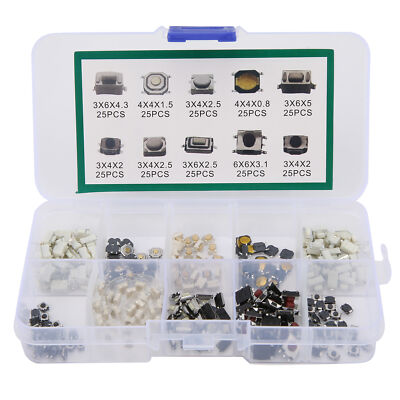 250PCS 10 Value Tactile Push Button Switch Micro Momentary Tact Assortment Kit