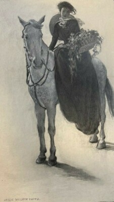 1904 Vintage Illustration Woman on Horseback Holding Basket of Flowers