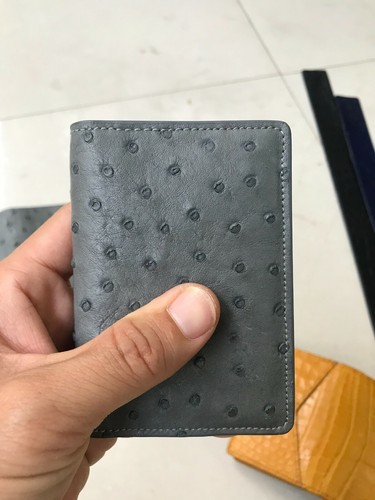 OSTRICH Leather Credit Card Holder DOUBLE SIDE Genuine GRAY- GREEN - Picture 2 of 8