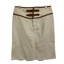 Ralph Lauren Skirt Cotton Linen Double Buckle Leather Trim Mid Length Beige Sz 8