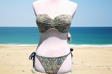 Victoria  s Secret 2 Piece Blue Paisley Bandeau Side Tie Bikini Medium