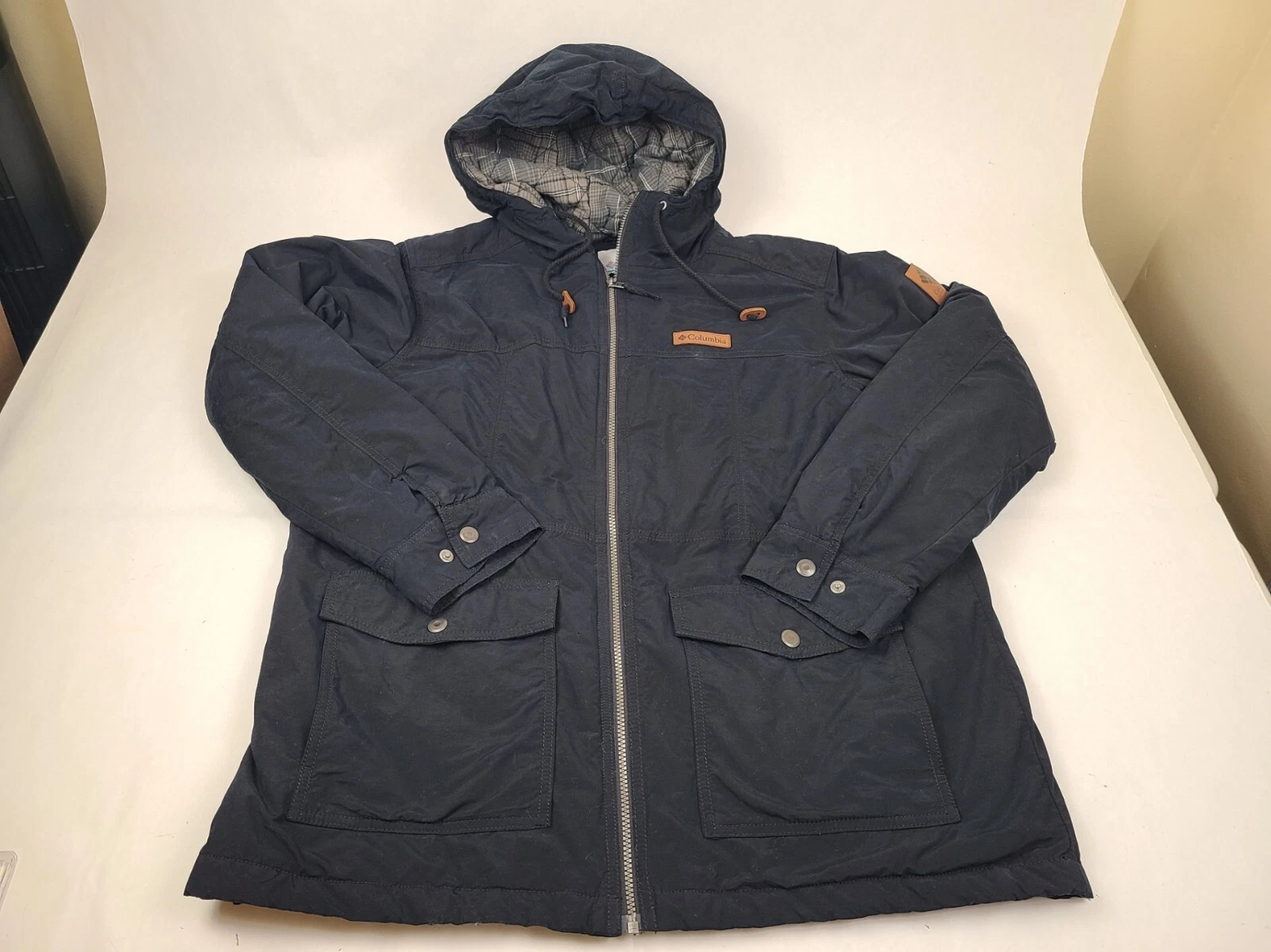 Columbia Wheeler Lodge Hooded Flannel Lined Jacket Mens XL Black Outdoor Casual