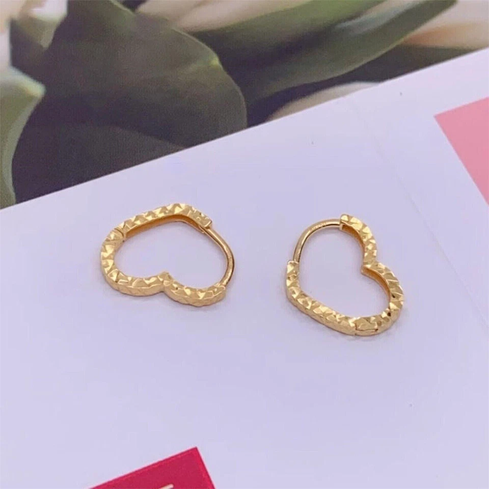 Чистое 18K желтое золото обруч женщин Lucky лучший подарок резной сердце серьги - Изображение 4 из 4
