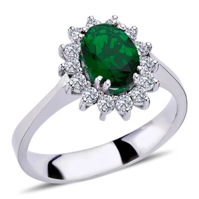 Vintage Style Diamant Oval Smaragd Entourage Ring 14 Karat Weißgold R20234 - Bild 1 von 4