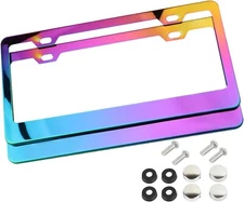 2 Pack License Plate Frames Colorful Stainless Steel Mirror Polish Rainbow