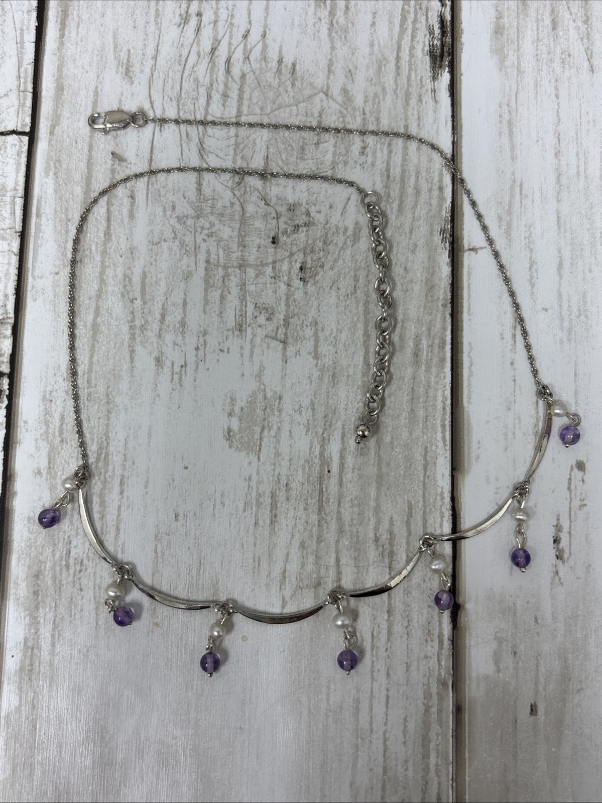 .925 Silver Necklace Curved Links Purple White Beading Detail 0421–307