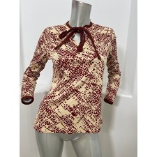 Vintage 1960  s-1970  s Long Sleeve Tunic Top Blouse Abstract Red Cream Print
