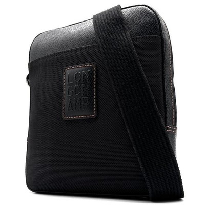 Longchamp Logo Patch schwarz Canvas Leder Crossbody Schultertasche authentisch