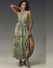 Anthropologie The Somerset Maxi Dress Halter Edition Green Floral Sz Small