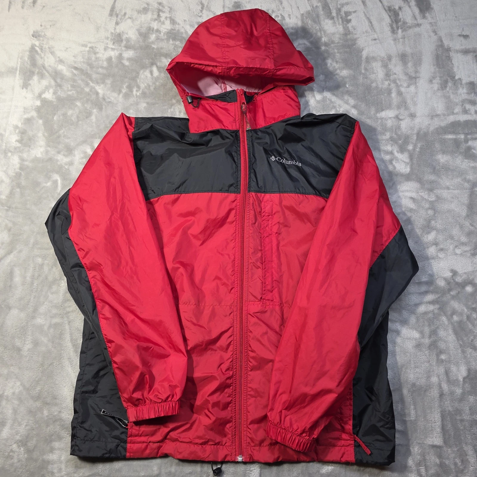 Columbia Men’s Large Windbreaker Jacket Hidden Hood Black/Red Packable