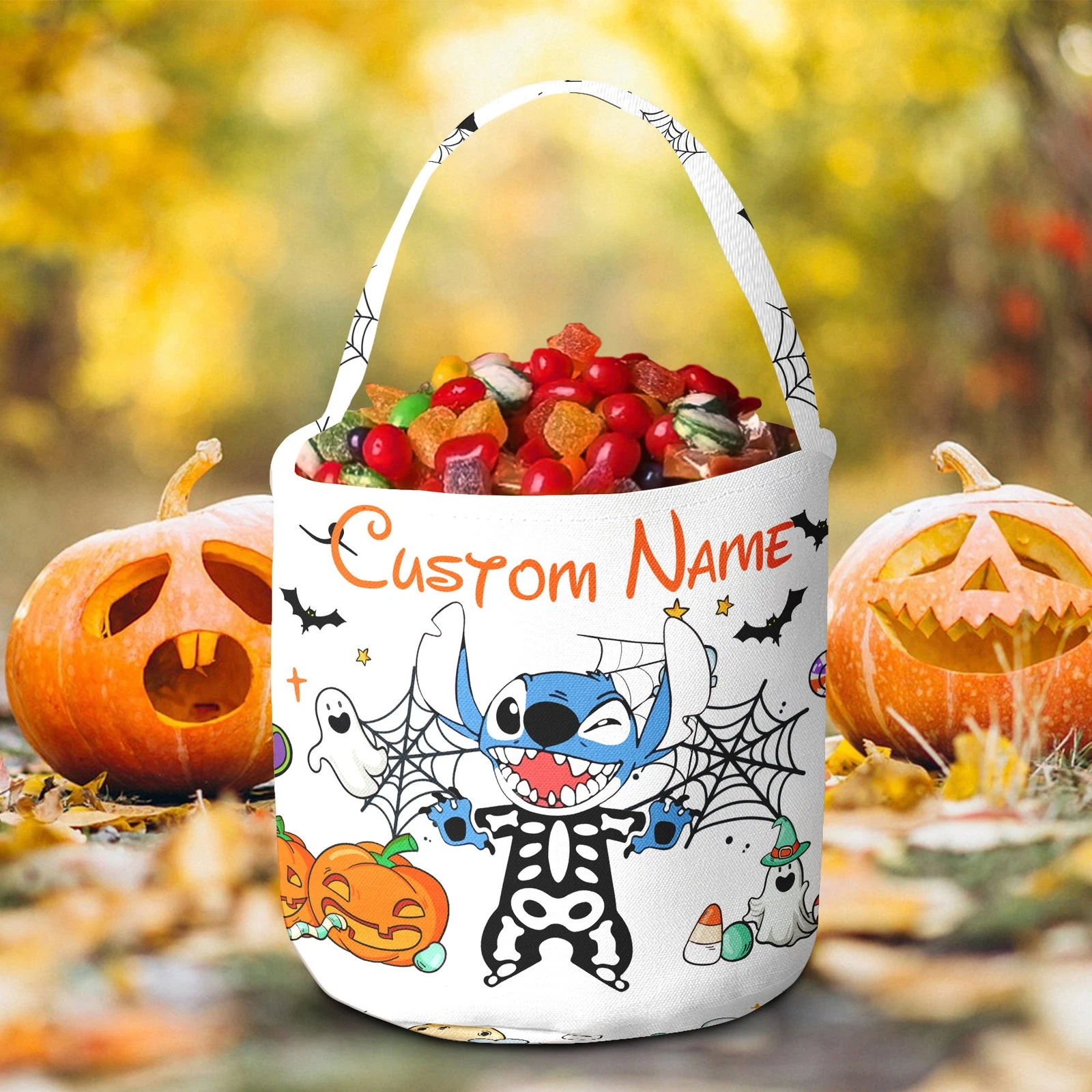Personalized Pluto Goofy Dog & Stitch Skeleton Halloween Fabric Candy Basket