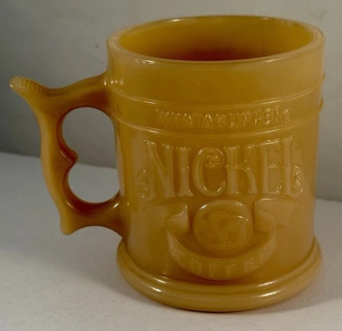 Vintage Whataburger Buffalo Nickel Coffee Mug 1980’s Butterscotch Milk Glass