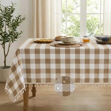 Water-Resistant Checkered Tablecloth Rectangle, Cotton Linen Gingham Table Cl...