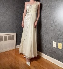 Vintage 90s May Queen Ivory Beaded One Shoulder Wedding Dress Goddess Gown 0