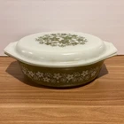 Vintage Pyrex 045 2 1/2 QT Spring Blossom Daisy Green Oval Casserole Dish w/ Lid