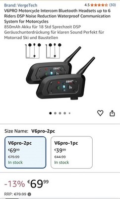 Ejeas V6 Pro Motorrad Gegensprechanlage / Bluetooth Intercom (2er-Set)