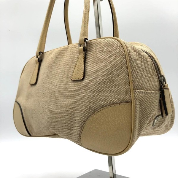 PRADA Tote Bag Boston Canvas Beige Triangle Logo Authentic Good Condition