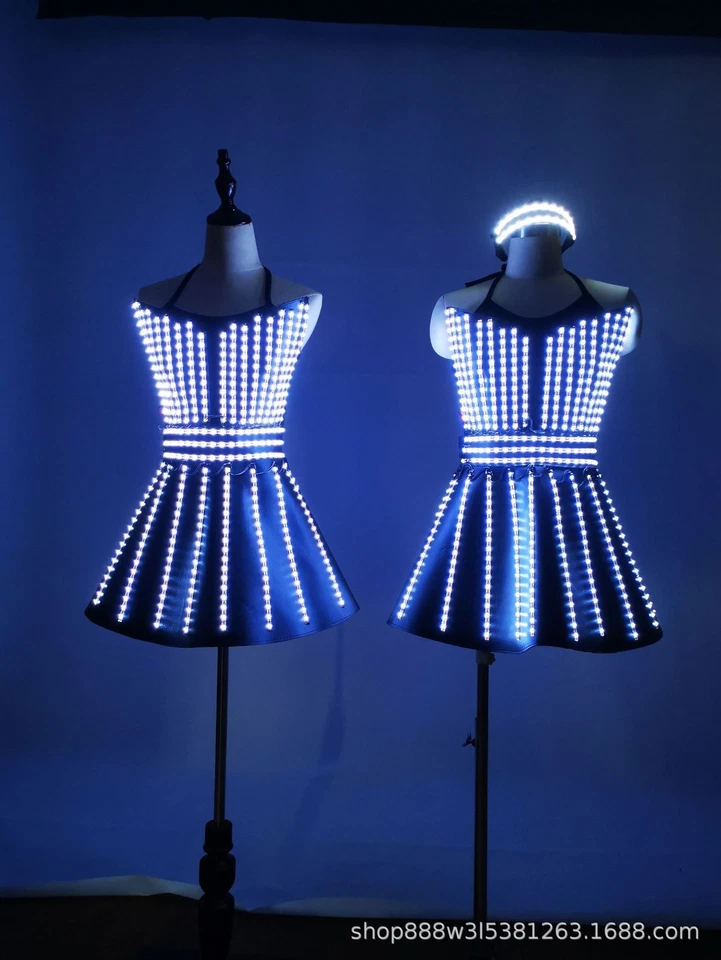 Mujeres LED Luminoso Brillo Luz Blanca PU Falda Música Festival Fiesta Vestido Elegante  Foto 4 de 4