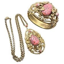 Antique Art Nouveau Czech Coral Peking Glass Gold Repousse Necklace Bracelet Set