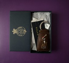 Ralph Lauren Polo Keychain Key Ring Fob Brown Embossed Leather Multi Color Pony