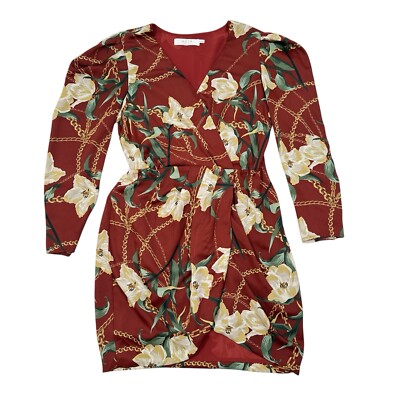 ASTR Dress Size Medium Red Alexis Floral Printed Mini Puff Sleeve Wrap Casual