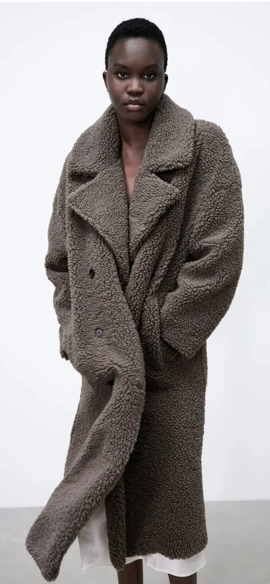 100% Authentic ZARA Dark ￼Gray Faux Shearling Teddy Coat Size: L | eBay