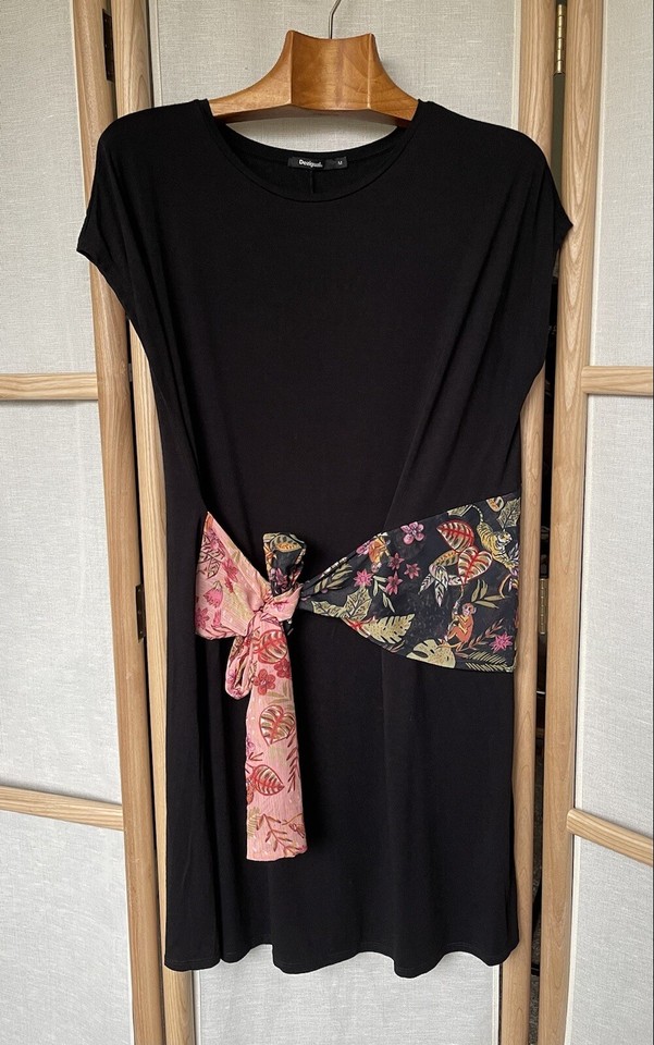 Desigual black t shirt dress with floral tie front M eBay