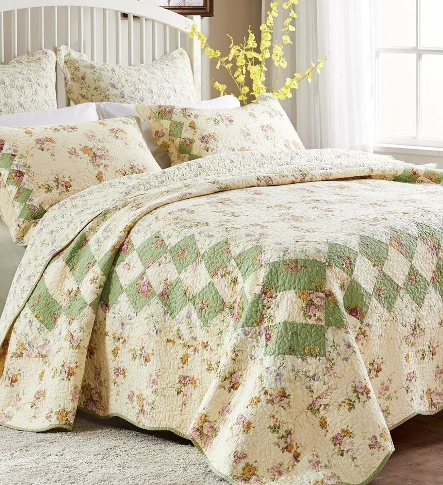 COTTAGE LILAC 3p Queen QUILT SET : BLISS VINTAGE ROSE GREEN FLORAL IVORY SHABBY - Image 2 of 4