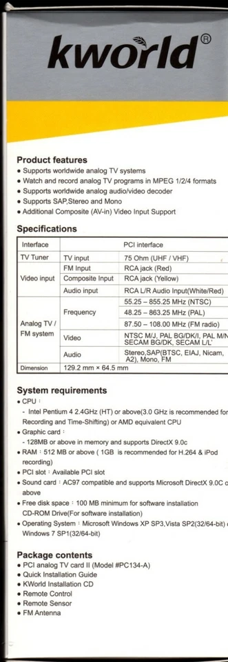 Kworld KW-PC134-a PCI Analog TV/Video Capture Card CCTV recorder - Image 3 of 3