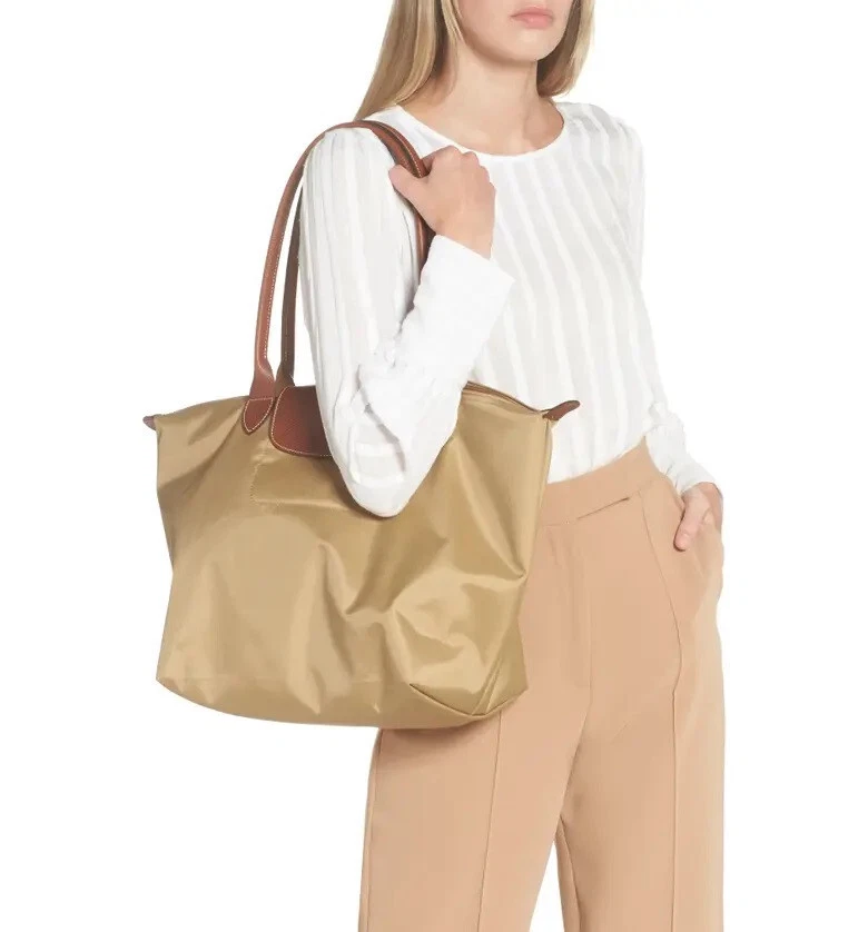 Borsa a tracolla grande Longchamp Le Pliage nuova con etichette manico lungo marrone fulvo AUTENTICA